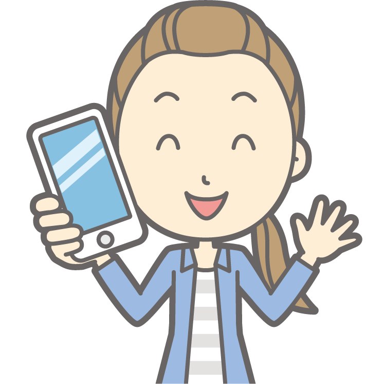 スマホを右手に持つ青いカーディガンを着た女性のイラスト