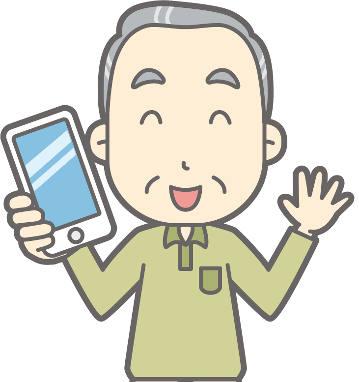 スマホを右手に持つ笑顔なおじいさんのキャラクターイラスト