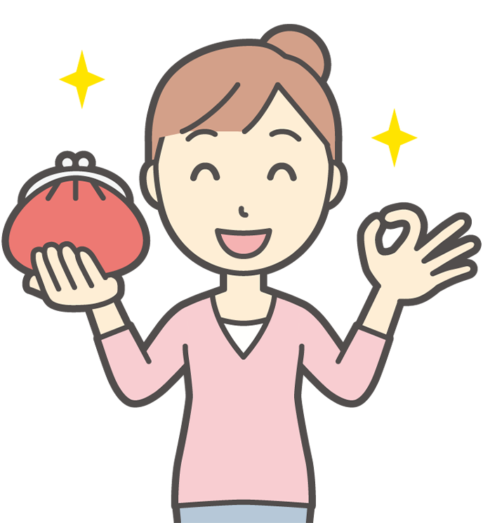 右手に財布を持ち、左手でOKサインを出している若い女性のイラスト