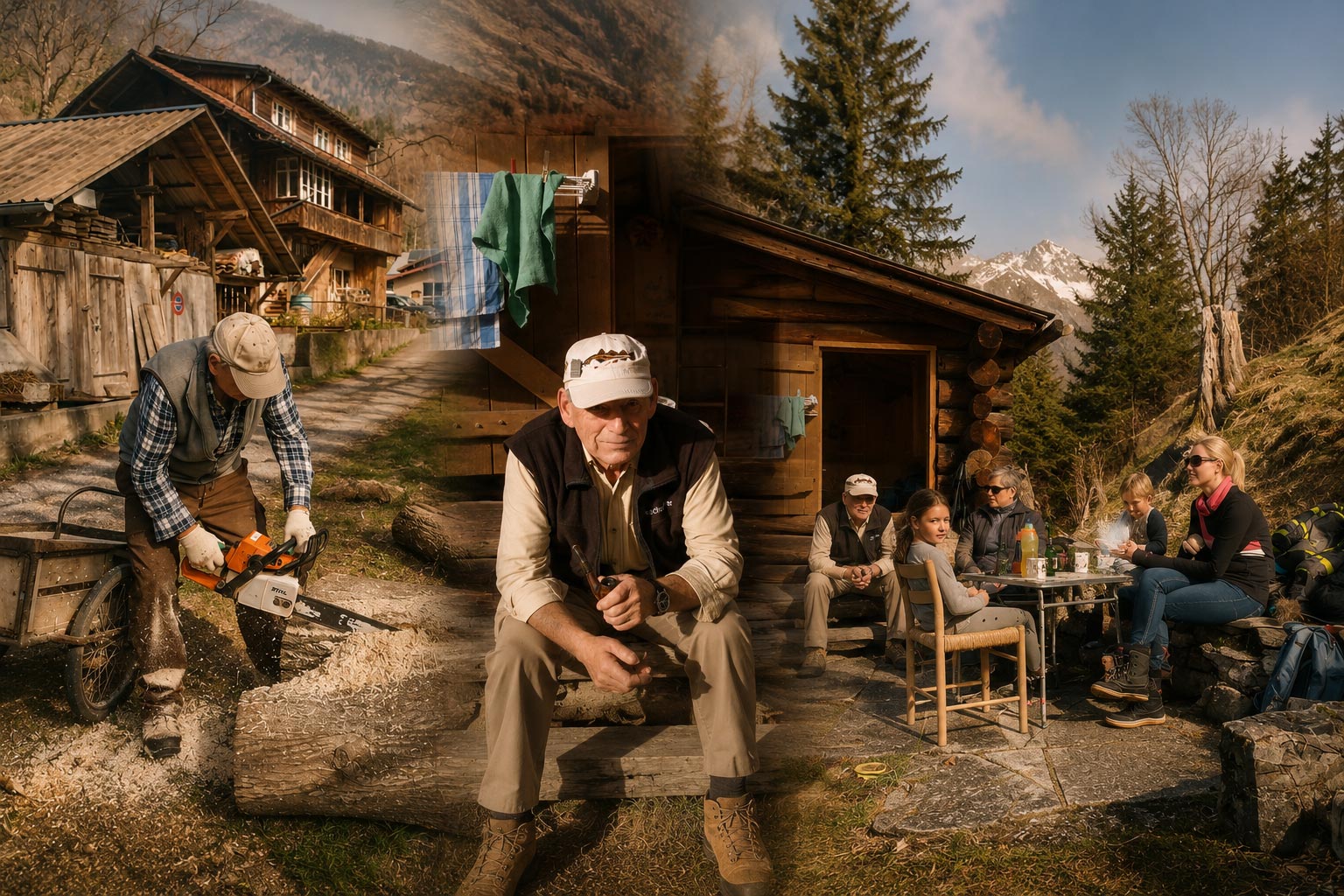 Swiss mountain family heritage near Interlaken – grandfather cutting wood in the Bernese Oberland surrounded by traditional alpine cabins and nature