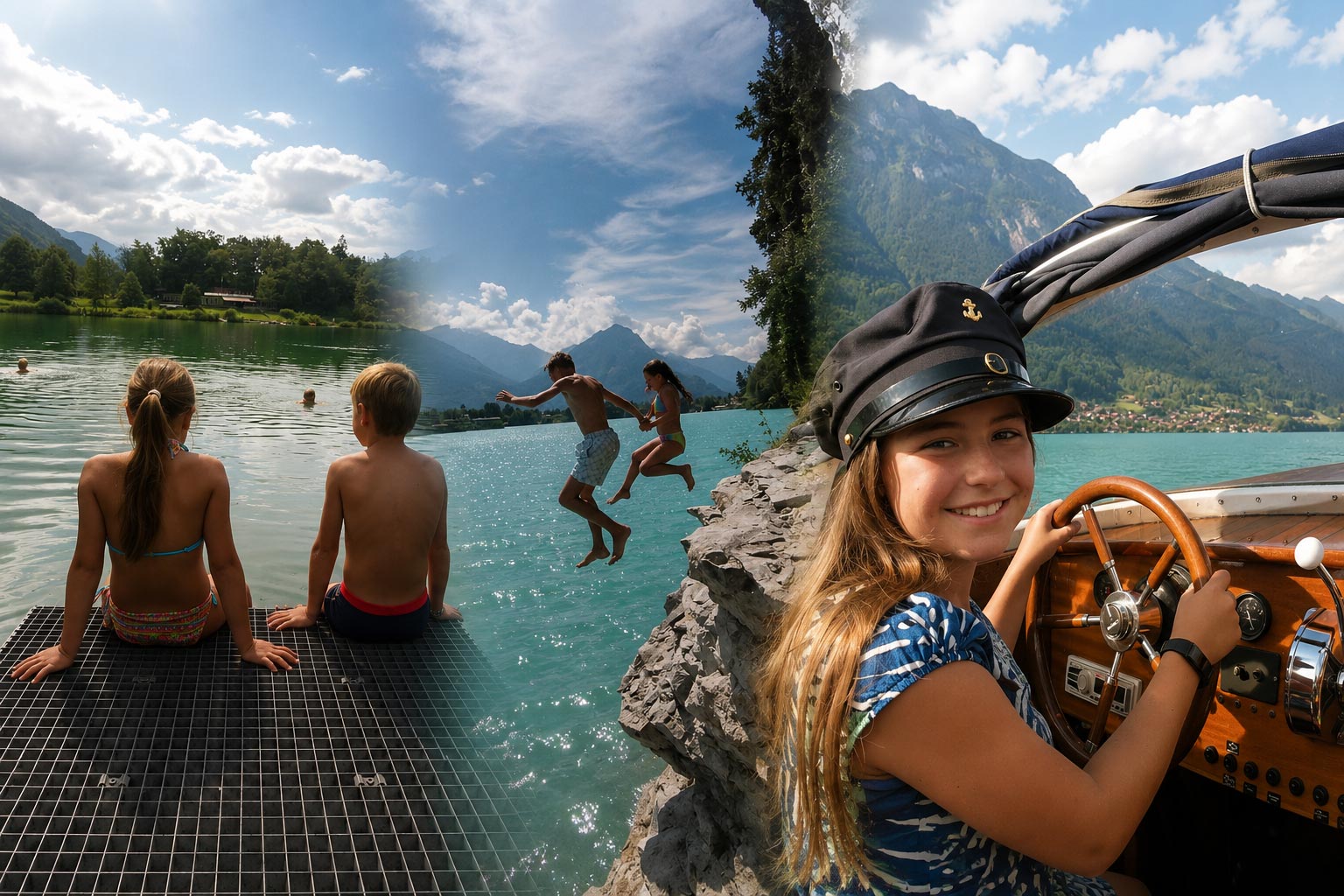 Children growing up between mountains and lakes in Switzerland — swimming, cliff jumping and steering a boat on Lake Thun near Interlaken
