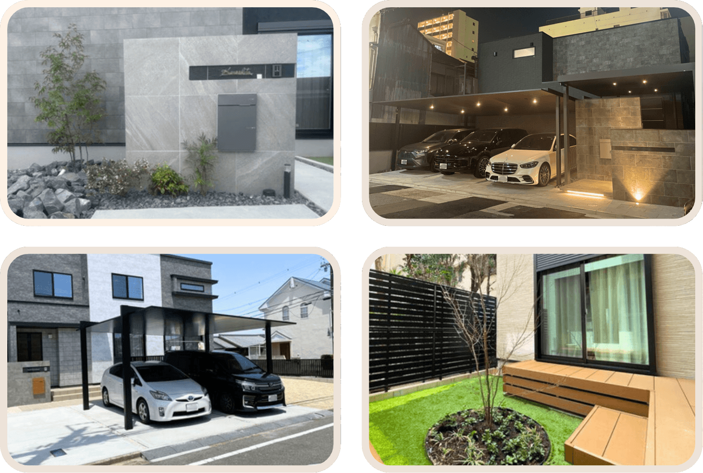 一宮市の新築外構ならMarvelous GARDEN。門まわり、駐車場、アプローチ、庭の施工例をまとめた写真で、施工品質やデザインの参考にご覧いただけます。