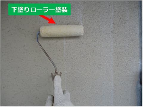 戸建て住宅の外壁にローラーで下塗り塗料を塗装している状況