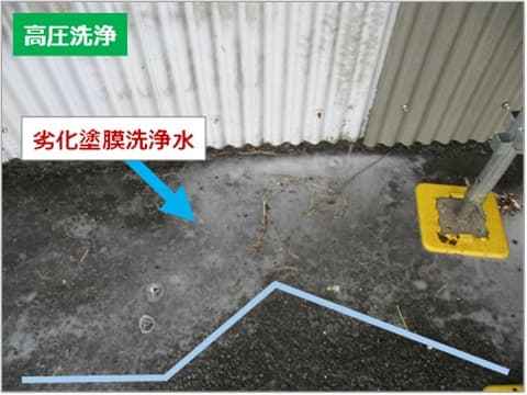店舗及び倉庫外壁の高圧洗浄施工後の状況