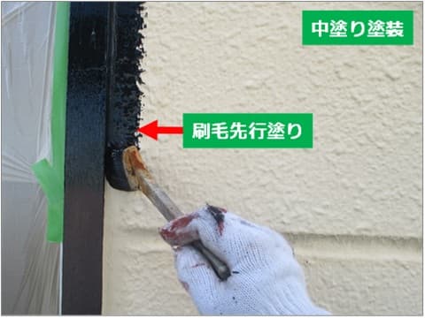 ALC外壁の中塗り刷毛先行塗りの施工状況