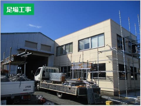 店舗及び倉庫外壁塗装の仮設足場設置工事の施工状況