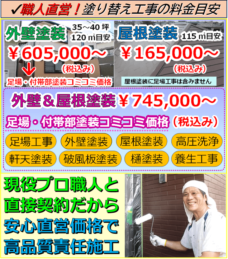 外壁塗装と屋根塗装の施工事例と税込み参考価格表示