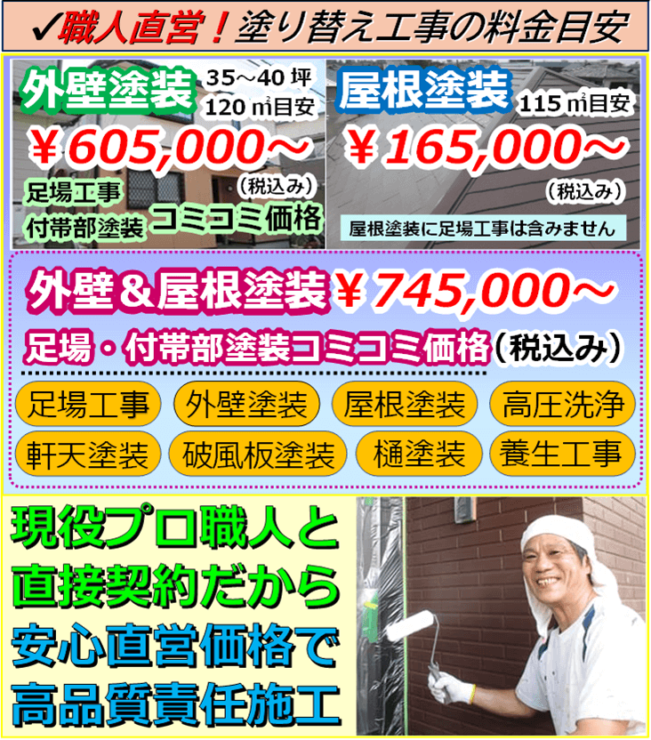 外壁塗装と屋根塗装の施工事例と税込み参考価格表示