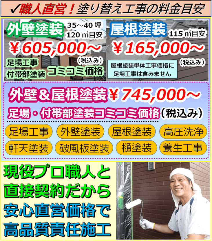 外壁塗装と屋根塗装の施工事例と税込み参考価格表示