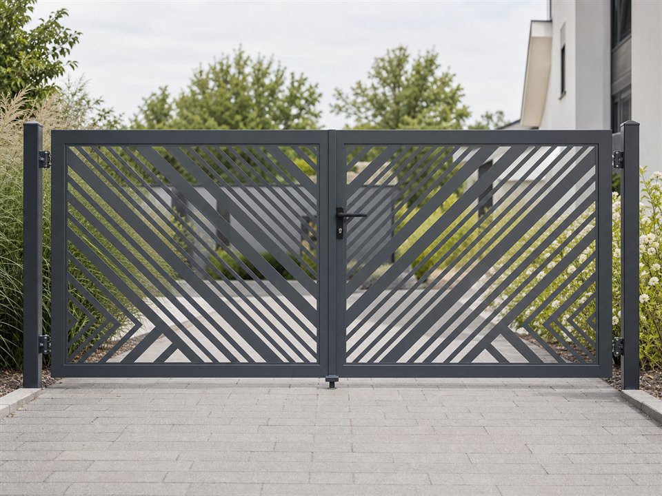 Zweiflügeliges Gartentor aus anthrazitfarbenem Stahl mit geometrischem Designblech