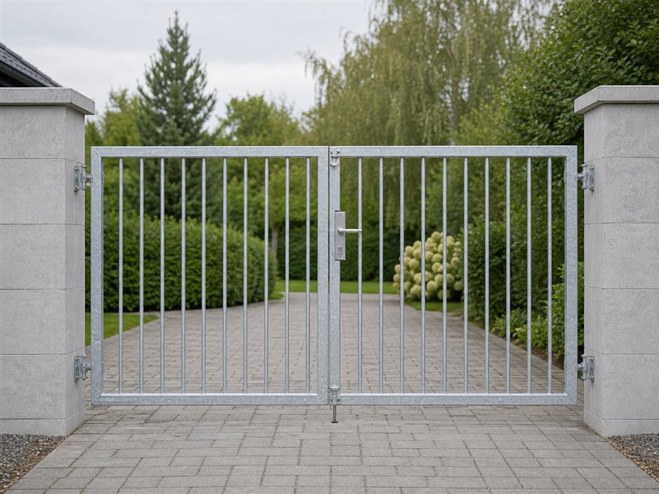Klassisches zweiflügeliges Gartentor aus verzinktem Stahl mit Stabfüllung