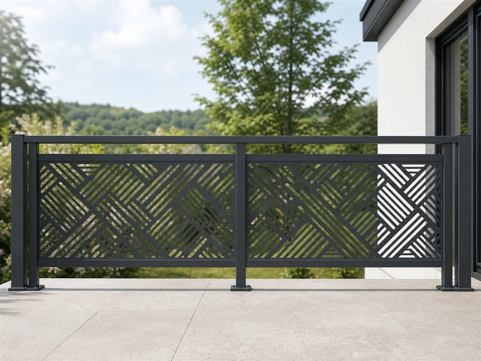 Balkongeländer aus anthrazitfarbenem Stahl mit geometrischem Designblech