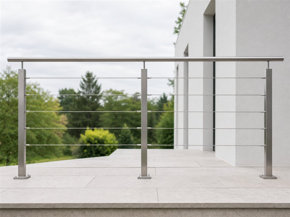 Filigranes Terrassengeländer aus Edelstahl mit horizontalen Drahtseilen