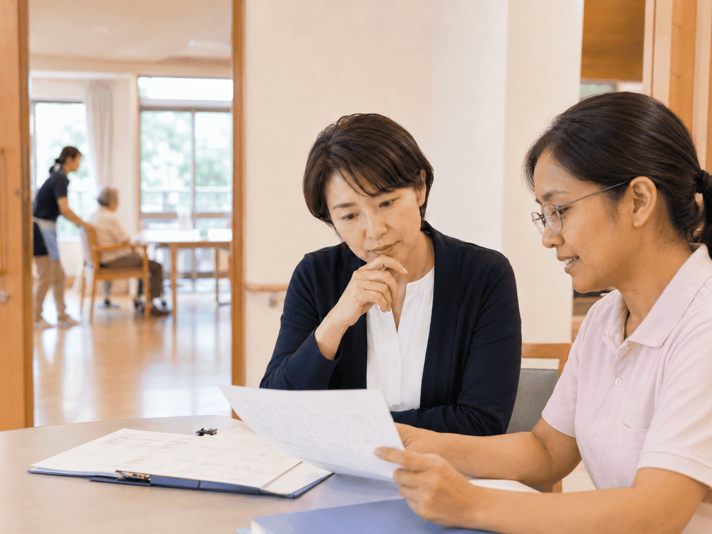 介護施設の採用担当者がスタッフと書類を見ながら人材採用について相談している様子