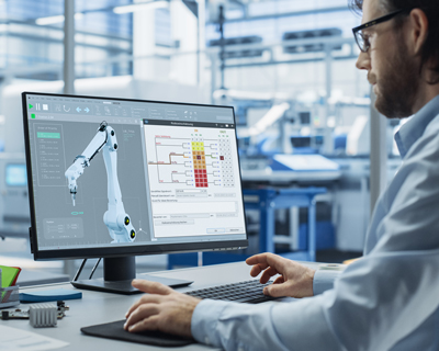 Titelbild des Safexpert Summit: Mann sitzt vor dem PC und macht eine Risikobeurteilung mit Safexpert