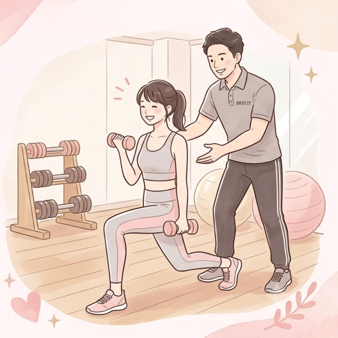 トレーナーと楽しく運動をする女性