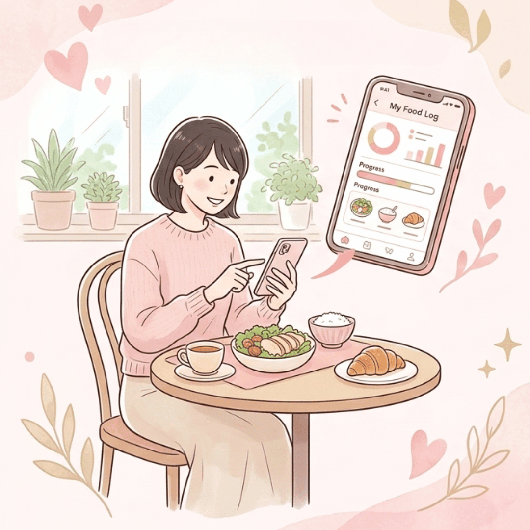 食事中にアプリ入力する女性