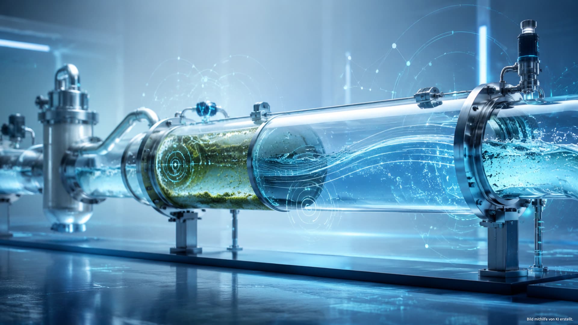 Futuristisches Rohrsystem mit transparenten Leitungsabschnitten, fließendem Wasser, Biofilm und digitalen Analyseelementen zur Trinkwasserhygiene.