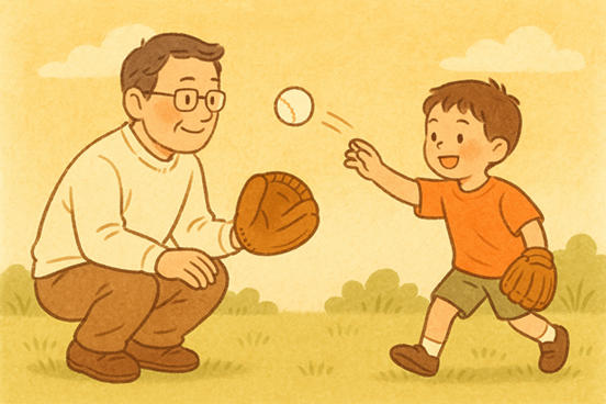 父とキャッチボールする温かなイラスト