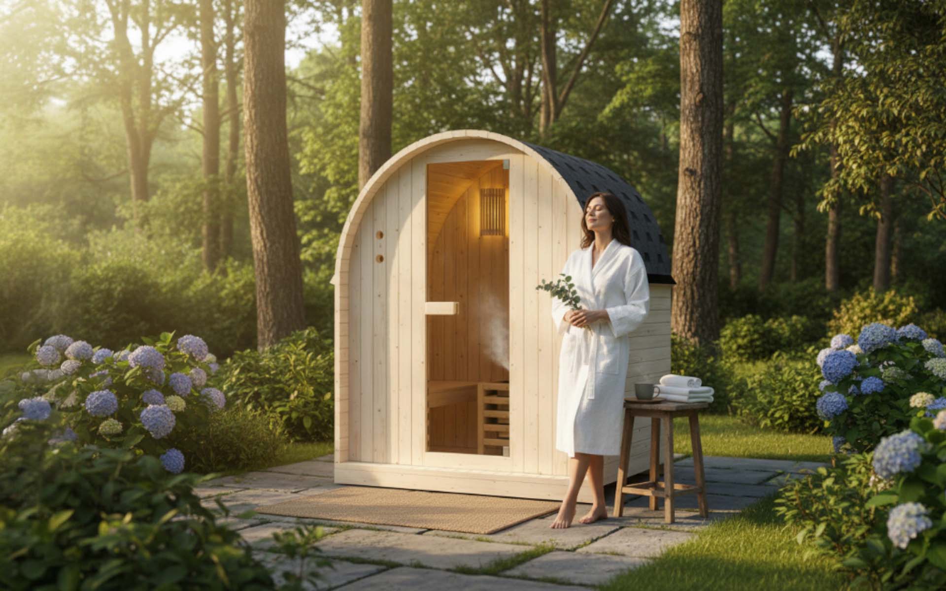 Gartensauna im eigenen Garten – stilvoller Outdoor-Rückzugsort für Entspannung, Wellness und angenehme Wärme.