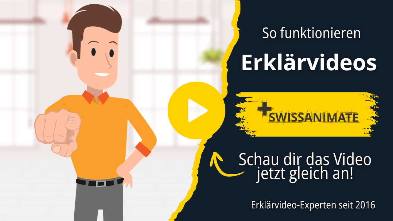 Erklärvideo animiertes Video Startbild, Mann zeigt auf Zuschauer.