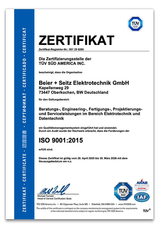 Beier und Seitz ISO 9001:20215 Zertifikat