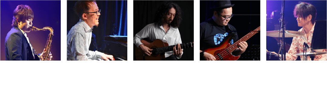 熊谷駿（サックス）、植田良太（ピアノ/キーボード）、藤山竜一（ギター）藤村竜也（ベース）、渕雅隆（ドラム）